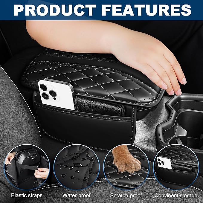 Car Center Console Cover Fit for Volkswagen Taos Waterproof Console Cover with 2 Storage Bags Leather Armrest Cover Scratch & Wear Resistant(Redline)