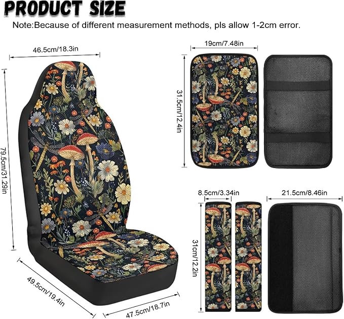 Qeluxign Mushroom Floral Car Seat Cover Set with Armrest Cover Cushion PU Automotive Car Cover and Seat Belt Shoulder Straps Pad, Universal Fit for Truck Sedan SUV, Pack of 5