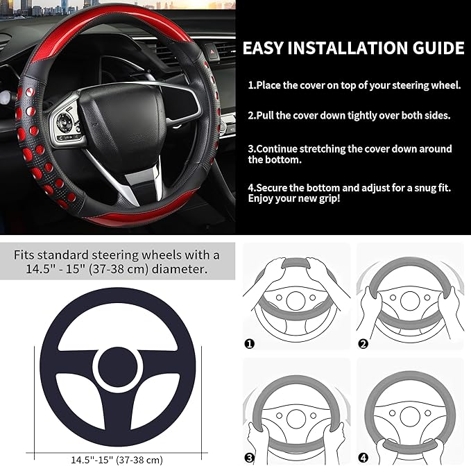 QCYP PU Leather Car Steering Wheel Cover with Anti-Slip Grip, for Women and Men, Universal Fit for 14.5-15 Inch Cars, Trucks, SUVs (Red (Round), Medium(Standard) Size[14 1/2''-15''])