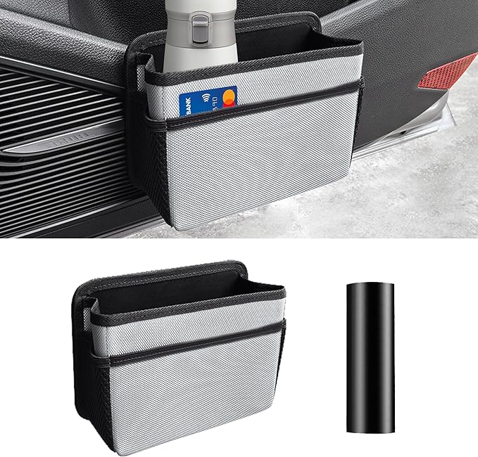 Car Trash Can, Foldable Mini Vehicle Trash Bin Garbage Organizer Holder, Waterproof Hanging Mini Auto Dustbin Accessories Storage Container for Vans, SUVs (silver gray)