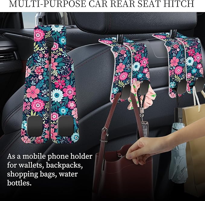 AXRQLSU PU Leather Car Seat Hook, Storage Headrest Hanger, Cute Car Backseat Organizer, Car Hooks For Purses and Bags Pink Blue Flowers