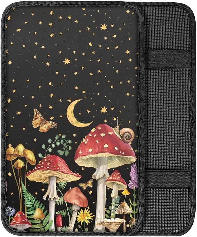 Suobstales Mushroom Snail Butterfly Moon Star Print Car Armrest Pad Soft Center Console Arm Rest Protector Cover Universal Car Interior Accessories Decoration