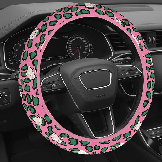 Cute Steering Wheel Cover for Women, Machine Washable Universal 14.5-15.5 inch Non-Slip Grip All Weather Use (Pink Green Leopard Cats)