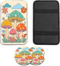 JANENFNA Car Armrest Cover Pads Universal Fashion Cute Auto Center Console Armrest Cover Pad with 2PCS Car Coasters Soft Waterproof Car Armrest Seat Protector for Women,Cute Mushrooms
