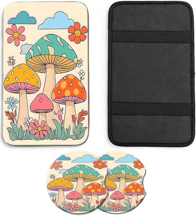 JANENFNA Car Armrest Cover Pads Universal Fashion Cute Auto Center Console Armrest Cover Pad with 2PCS Car Coasters Soft Waterproof Car Armrest Seat Protector for Women,Cute Mushrooms