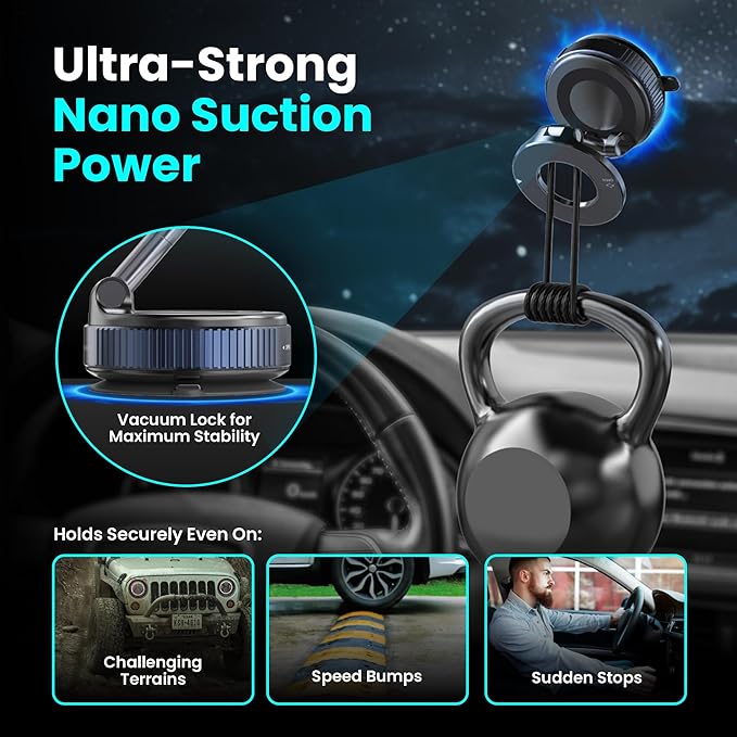 Magnetic Vacuum Phone Holder for Car – Adjustable 360° Strong Suction Mount, MagSafe Compatible Car Mount, iPhone Holder for Dashboard & Windshield, Adsorption Stand for iPhone & Samsung Smartphones