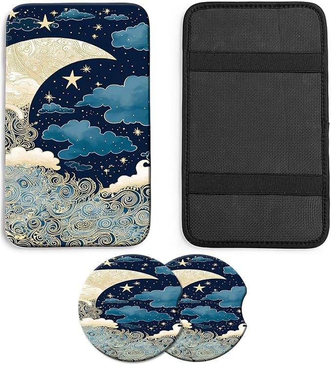 JANENFNA Car Armrest Cover Pads Universal Fashion Cute Auto Center Console Armrest Cover Pad with 2PCS Car Coasters Soft Waterproof Car Armrest Seat Protector for Women,Blue Gold Moon Stars