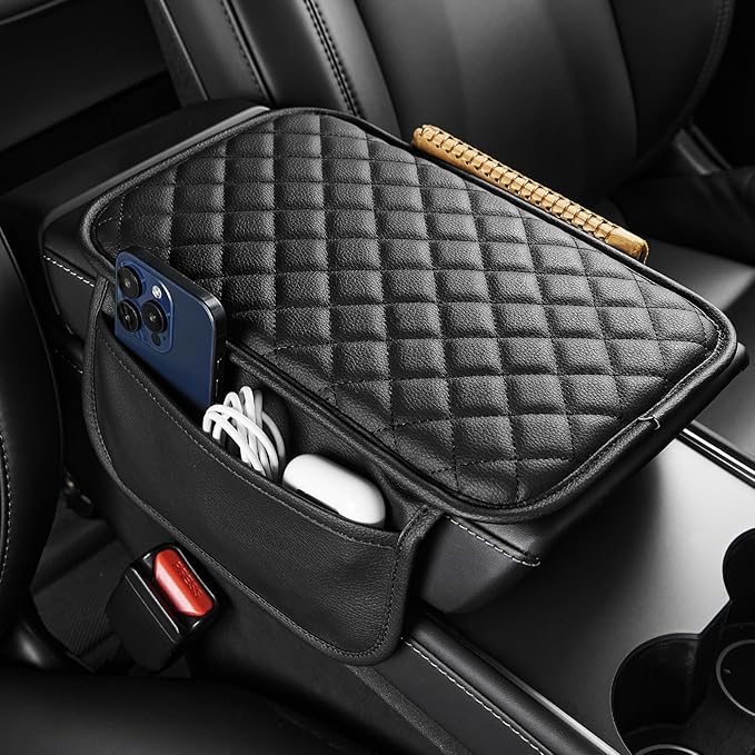 JOYTUTUS Center Console Cover with Storage Bag for SUV Sedan Car, Thin Middle Console Cover Arm Rest Pad, Leather 12.6" x 7.75" x 0.66"