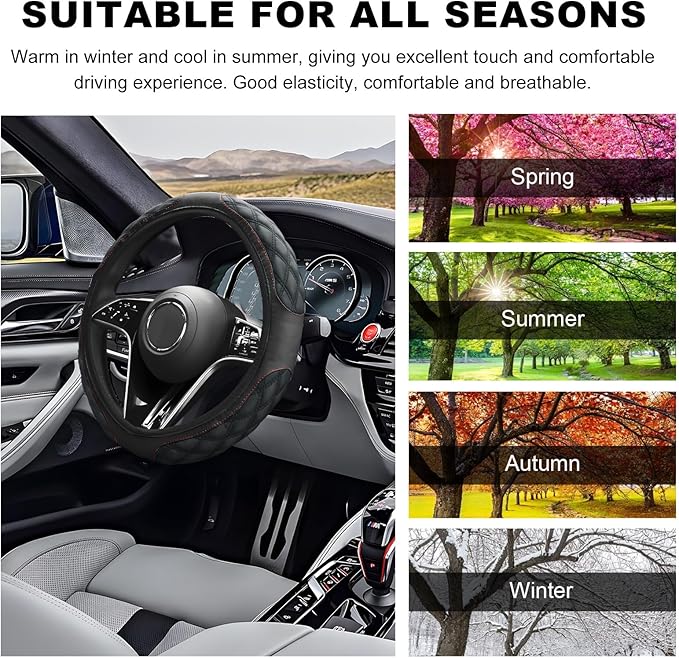 Car Steering Wheel Cover, 15 Inches Non-Slip Leather Car Steering Wheel Protector, Universal Steering Wheel Soft Cover Mats for Car Truck SUV, Interior Car Accessories (Black)