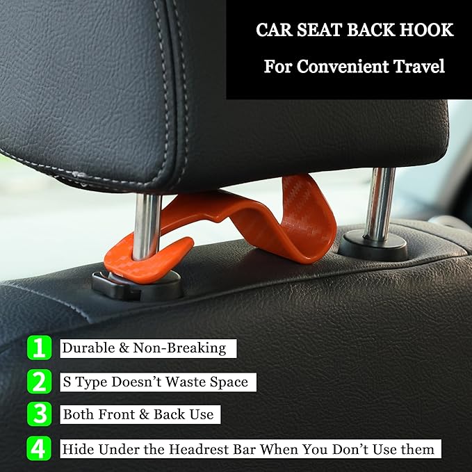 Amooca Car Seat Headrest Hook 4 Pack Hanger Universal Vehicle Car Storage Organizer for Handbag Purse Coat S Type Checkered Orange