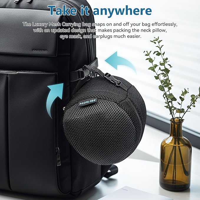 Proglobe Orthopedic Neck Pillow, Travel Neck Pillows for Airplanes, Memory Foam Kit, 360° Head Support, Airplane Pillow Set with 3D Contoured Eye Masks, Earplugs, and Luxury Mesh Bag (Black)
