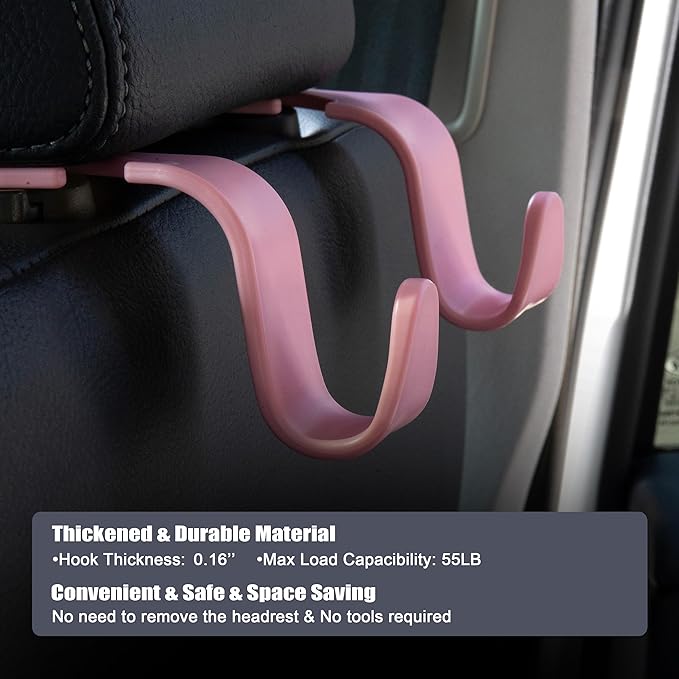 Amooca Universal Car Headrest Hooks, Car Organizer Hanger Storage Hooks for Bag Purse Cloth Grocery (Pink Set of 4)