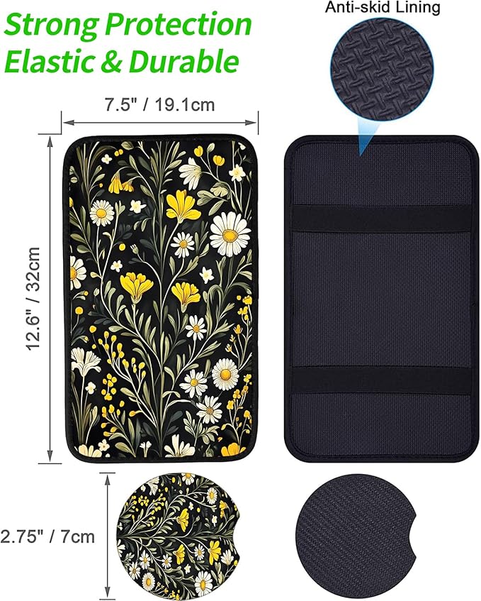 JANENFNA Car Armrest Cover Pads Universal Fashion Cute Auto Center Console Armrest Cover Pad with 2PCS Car Coasters Soft Waterproof Car Armrest Seat Protector for Women,Yellow Flower