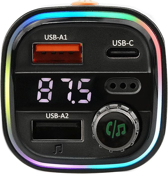 iStuff Wireless Music Stream Car Charger (NP-5000BTR), Multi-Connect Ports, USB A, USB C, U Disk, Fast Charging, Hands-Free Calling, LED Display, Bass Options, Colorful Lights, Universal Fit OEM 12V