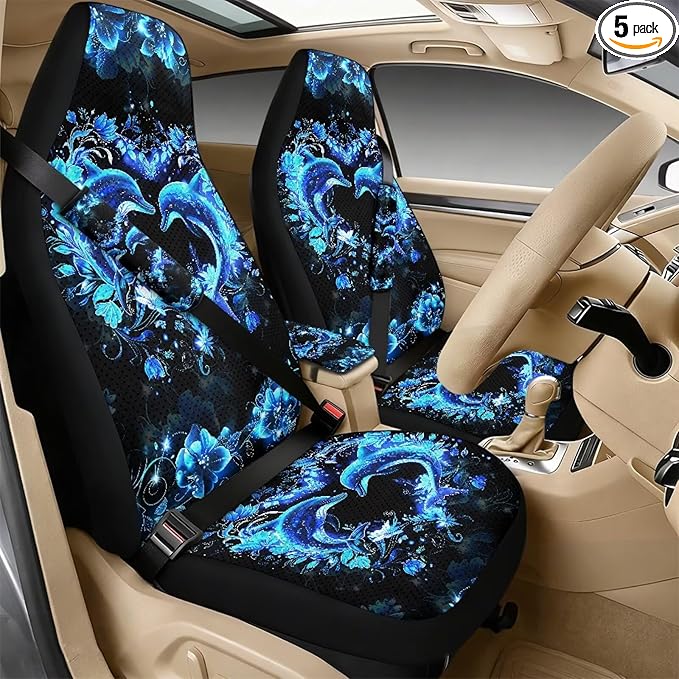 Psesaysky Dolphin Heart Car Accessories 5-Piece Set, Car Seat Protector Set, 2 Front Seat Covers, 2 Seat Belt Sleeves, 1 Armrest Pad Auto Interior Protection Set