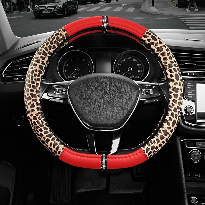 Road Comforts Leopard Steering Wheel Cover - Made with PVC Leather Cheetah Print, D-Shaped Automotive Steering Wheels - Anti-Slip, Universal Fit 14 1/2 inches to 15 inches - Red