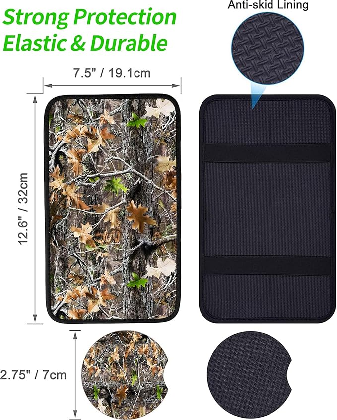 JANENFNA Car Armrest Cover Pads Universal Fashion Cute Auto Center Console Armrest Cover Pad with 2PCS Car Coasters Soft Waterproof Car Armrest Seat Protector for Women,Camo Leaves Pattern