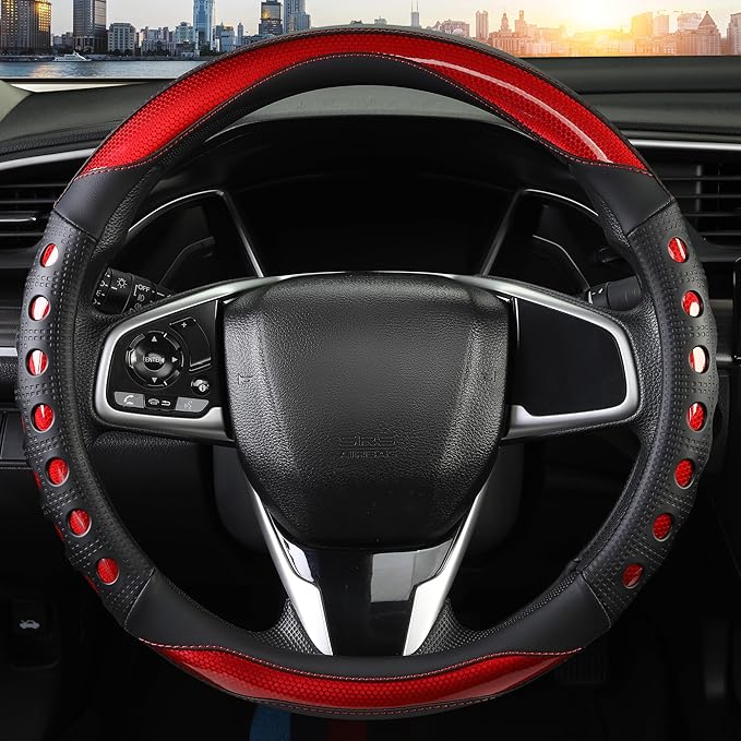QCYP PU Leather Car Steering Wheel Cover with Anti-Slip Grip, for Women and Men, Universal Fit for 14.5-15 Inch Cars, Trucks, SUVs (Red (Round), Medium(Standard) Size[14 1/2''-15''])