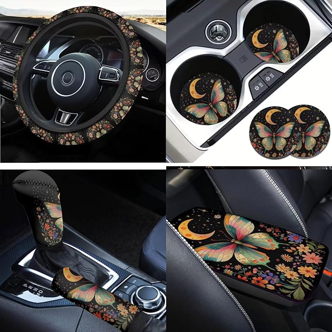 6pcs Butterfly Steering Wheel Cover Women Flower Moon Car Interior Accessories Cup Holder,Handbrake Gear Cover Auto Decor Protector for Car Truck SUV