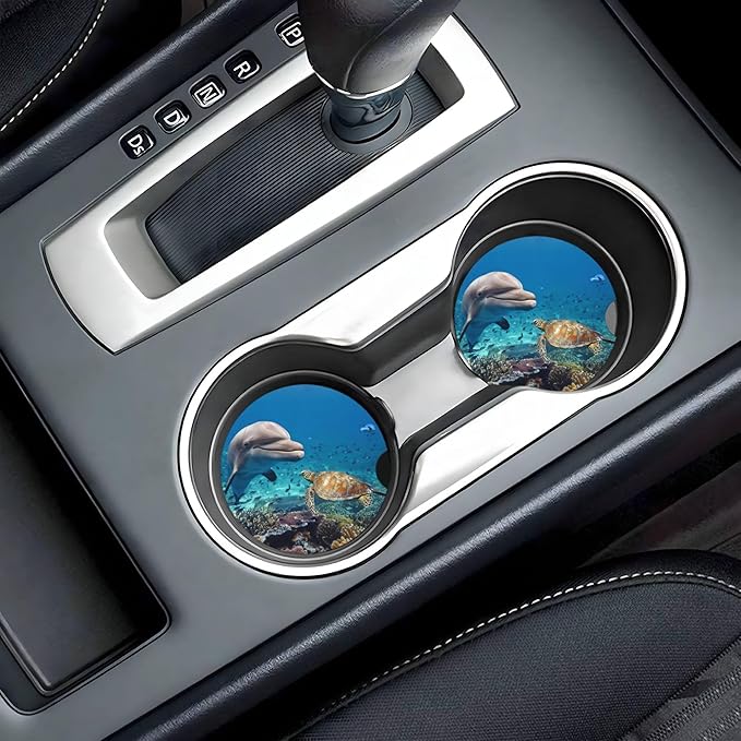 HUWAAI Dolphin Turtle Reef Ocean Car Cup Holder Coasters 2 Pack Universal 2.63 Inch Anti Slip Ceramic Absorbent Coaster with Cork Base and Finger Notch Cute Car Accessories Interior for Women