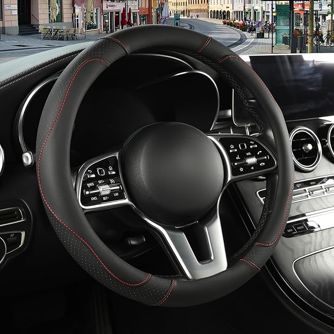 Binsheo Microfiber Leather Steering Wheel Cover Large Size for Ford F150 F250 F350 F450 RAM 4Runner Tacoma Tundra Sequoia Model S Model X, Breathable, Anti Slip, 15.5 inch to 16 inch, Black