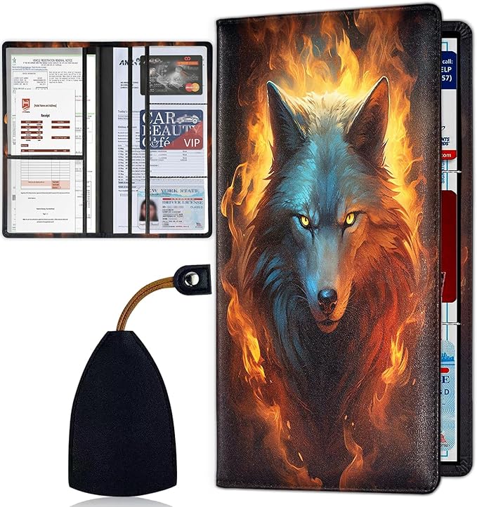 Car Document Holder with Magnetic Shut, Car Registration & Insurance Card Holder, Waterproof PU Leather Glove Box Organizer Vehicle Accessories Driver License for Women/Men, Flame Wolf Pattern