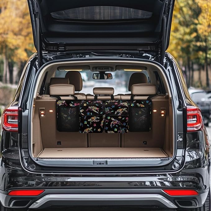 CLOHOMIN Colorful Sea Turtle Car Trunk Organizers for Women Flower Car Trunk Mesh Storage Large Capacity Backseat Hanging Organizer Fashion Cargo Storage Organizer with 4 Pockets