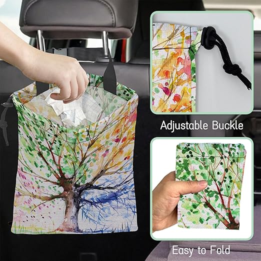 NHNXHWIA Watercolors Tree Car Garbage Bag,Colorful Tree Waterproof Small Car Trash Bag Hanging Back of Seat,Drawstring Hanging Car Trash Bag with Adjustable Buckle for Car Accessories