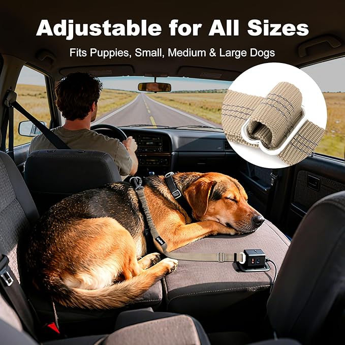 APakBak Dog Seat Belt for Car, Adjustable Dog Car Harness Seatbelt for Small Medium Large Dogs, Heavy Duty Travel Safety Restraint with Locking Aluminum Hook & Reflective Nylon Strap, Beige