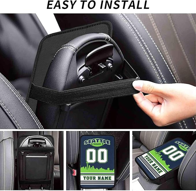 Custom Seattle Car Armrest Covers Personalized Football Style with Name Number Customized Auto Center Console Pad Car Handrail Box Cushion for Most Vehicle Decor Accessories, Fans Gift