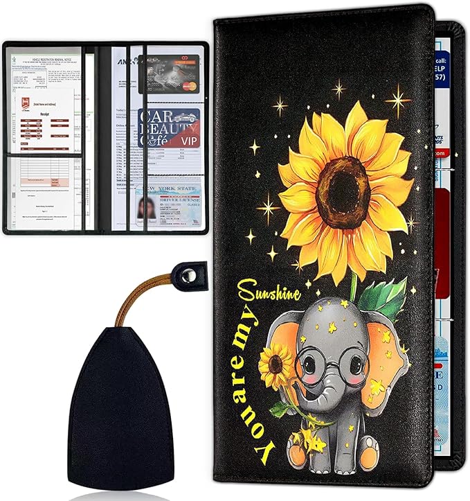 Car Registration and Insurance Card Holder for Women Men, Waterproof PU Leather Glove Box Car Organizer with Magnetic Shut, Vehicle Document Holder for Driver License, Cute Baby Elephant+ Sunflower