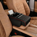 Multifunctional Pu Leather Car Armrest Box Mat With Cup Holders, Universal Armrest Box Pad, With Side Pockets, Easy To Clean Interior Organizer Waterproof For Cars, Trucks, Suvs (Quilted, Black-Red)