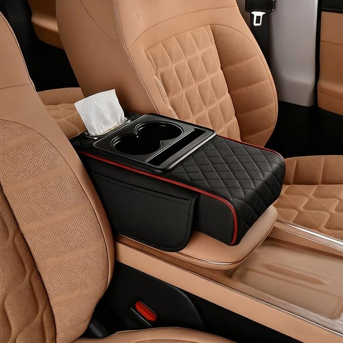 Multifunctional Pu Leather Car Armrest Box Mat With Cup Holders, Universal Armrest Box Pad, With Side Pockets, Easy To Clean Interior Organizer Waterproof For Cars, Trucks, Suvs (Quilted, Black-Red)