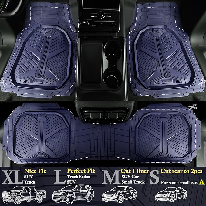 CAR PASS Heavy Duty Rubber Car Mats, Deepdish All Weather Floor Mats for Car Full Set, Universal Automotive Mats Trim to Fit for Sedans SUVs Trucks, Waterproof Anti-Slip, 3 Pieces V12 Navy Blue