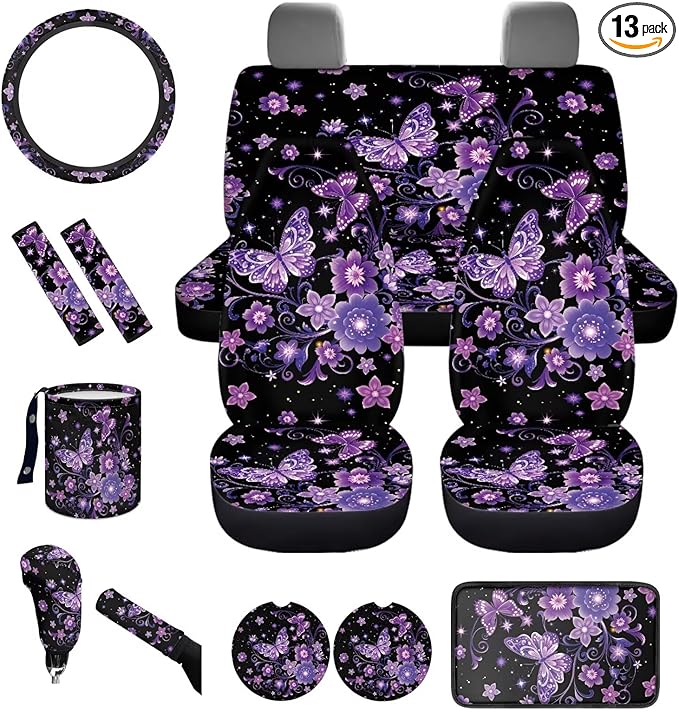 Dngkaoje Purple Butterfly Car Seat Covers Full Set 13 Pack Neon Purple Butterfly Car Accessories Set with Steering Wheel Covers,Universal Collapsible Garbage Bin,Cup Holders,Armrest Cushion Pad