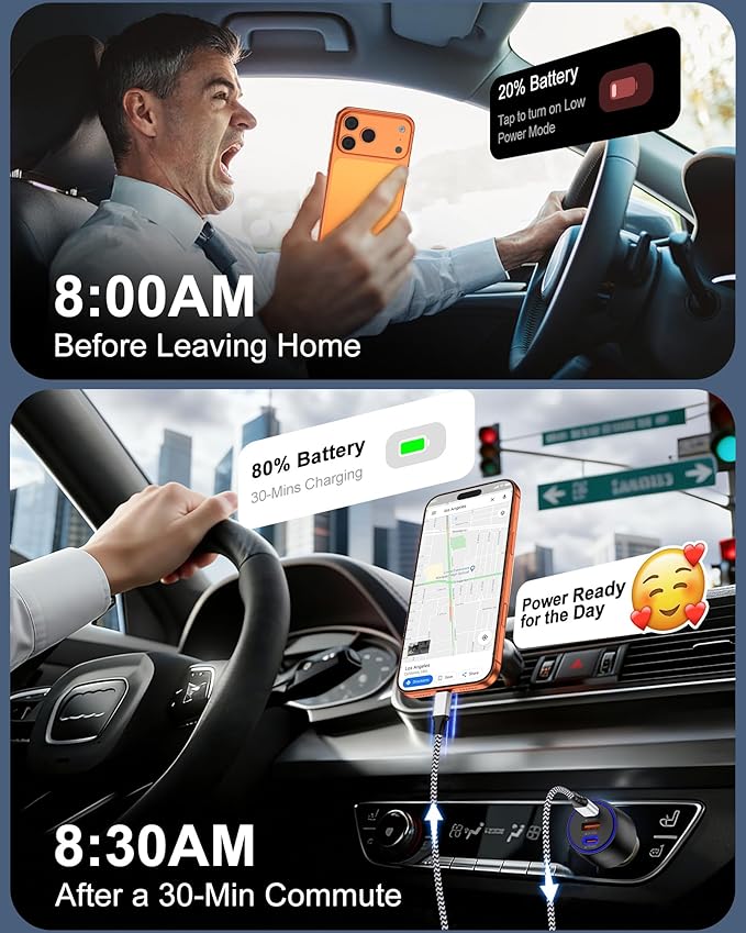 USB C Car Charger, 3-Port Super Fast Charging Cigarette Lighter Adapter for iPhone 17 Pro/Air/16/15/14/13/iPad, USBA & USBC Multiport Car Phone Charger Accessories for Samsung S25/S24 FE/S23/S22/A17