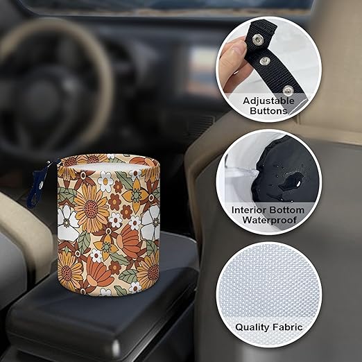 Car Trash Can with Hanging for Back Seat, Car Accessories for Women Men Automotive Garbage Cans Vehicle Trash Can for Truck SUVOrange Hippie Floral