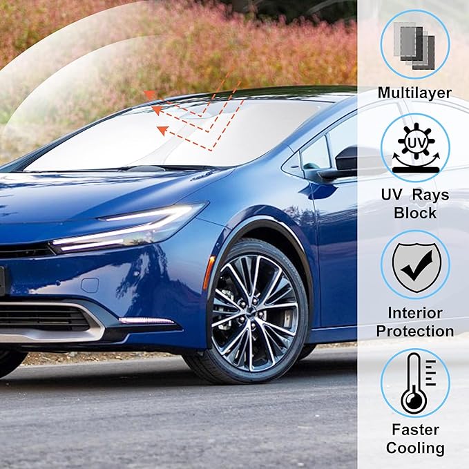 Windshield Sun Shade Custom Fit for 2023 2024 2025 Toyota Prius Accessories Foldable Sunshade Sun Blocker Protect Car from Sun Rays & Heat Damage Keep Car Cooler