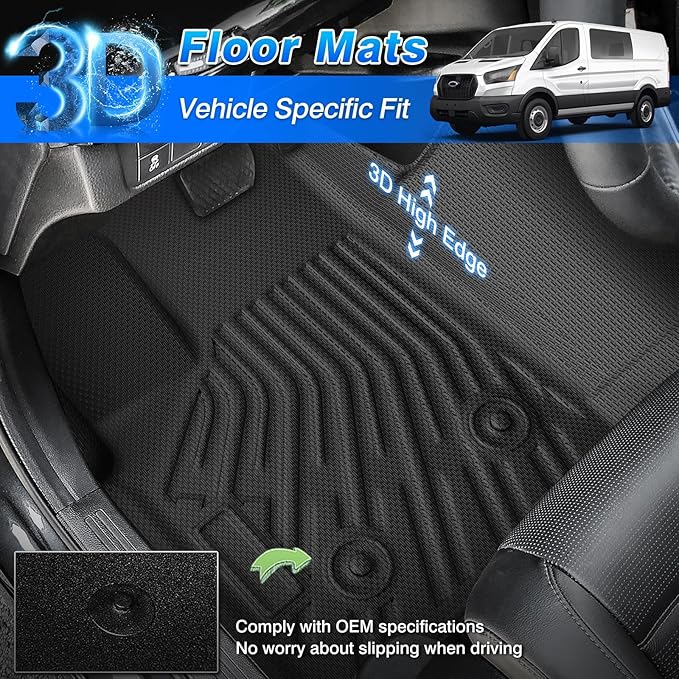 Transit Floor Mats - Car Mats for Ford Transit 150/250/350 2022-2026, All Weather Floor Mat for Transit Accessories, Heavy Duty Rubber Mats, Car Accessories
