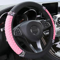 Bling Soft Leather Steering Wheel Cover 15 Inch with Sparkly Diamond Rhinestones for Women and Girls – Elastic Car Accessory for Most Cars (Pink)