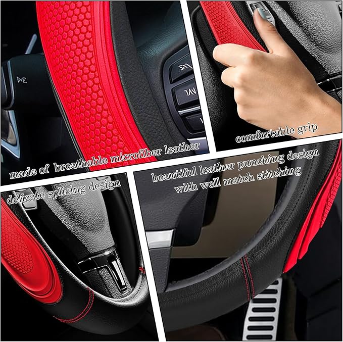 Red Film Splicing Leather Steering Wheel Cover, Microfiber Leather, Anti-Slip, Breathable, Universal Fit for 14.5–15 in Steering Wheel Cover for Men Women