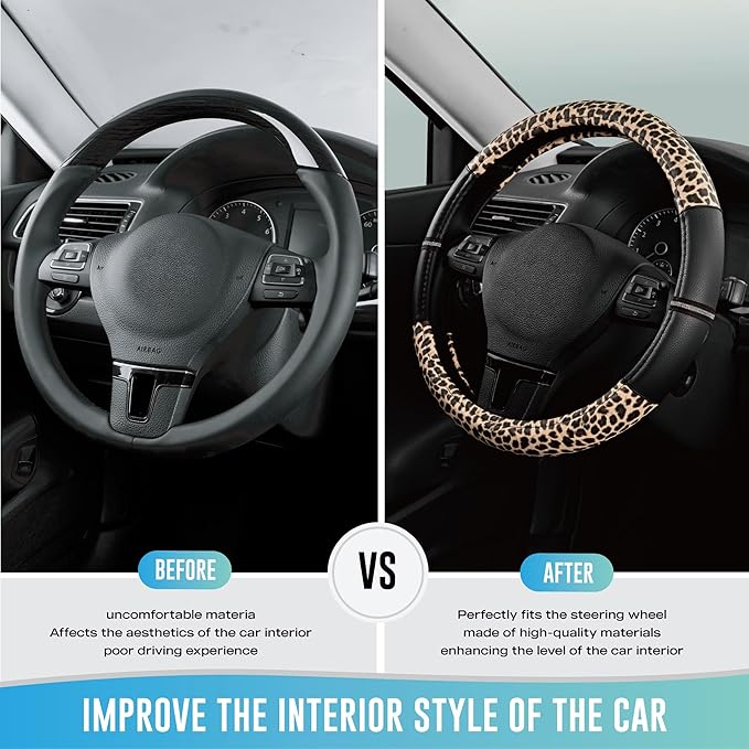 Road Comforts Leopard Steering Wheel Cover - Made with PVC Leather Cheetah Print - Anti-Slip, Universal Fit 14 1/2 inches to 15 inches - Black