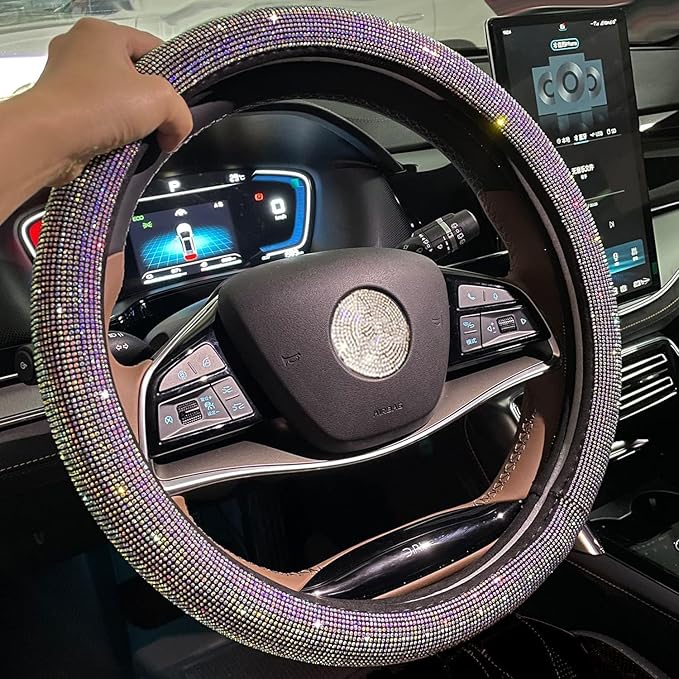 Car Bling Steering Wheel Cover for Women Girls 15 Inch Universal Colorful Crystal Rhinestone Diamond Rainbow Bling Accessories Anti Slip Wheel Protector Sparkling, Black