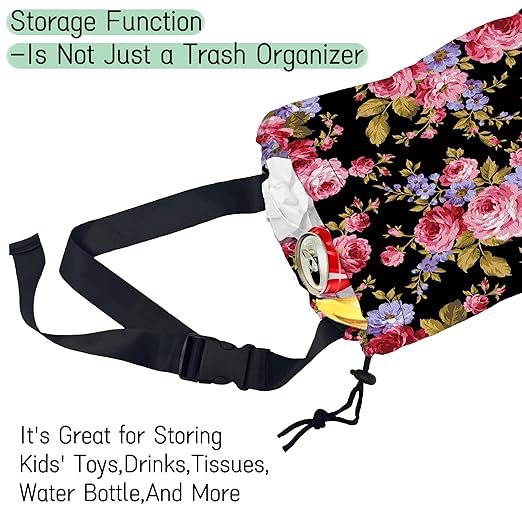 NHNXHWIA Pink Roses Car Garbage Bag,Hibiscus Waterproof Small Car Trash Bag Hanging Back of Seat,Drawstring Hanging Car Trash Bag with Adjustable Buckle for Car Accessories