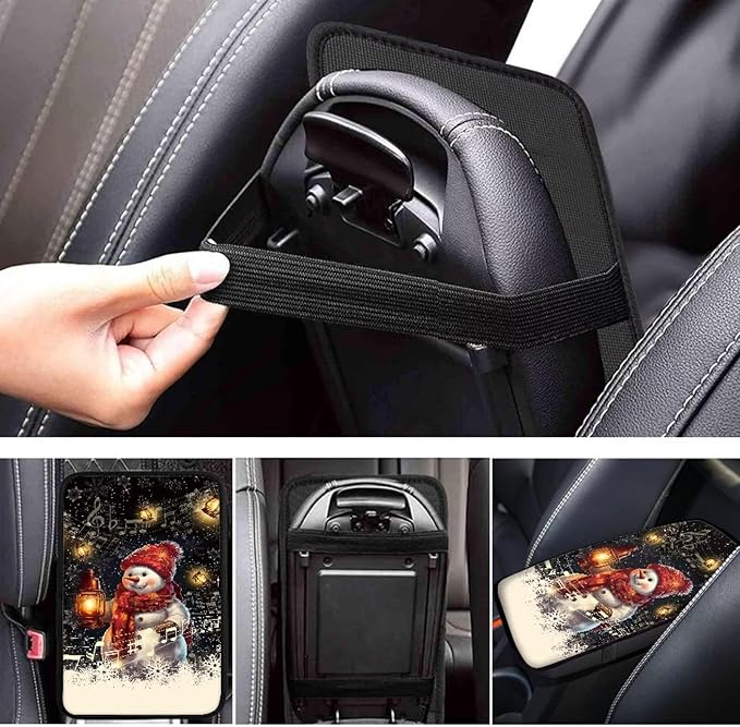 Mintutlipy Christmas Snowman Print Car Armrest Cover Soft Cushion Automotive Center Console Pad Cover Soft Comfort Fabric Easy to Install