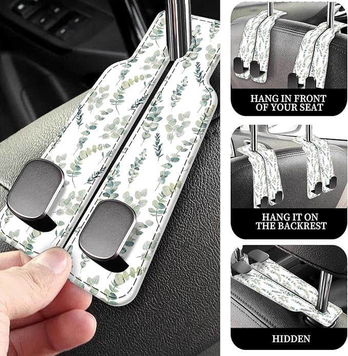 AXRQLSU PU Leather Car Seat Hook, Storage Headrest Hanger, Cute Car Backseat Organizer, Car Hooks for Purses and Bags White Leaves