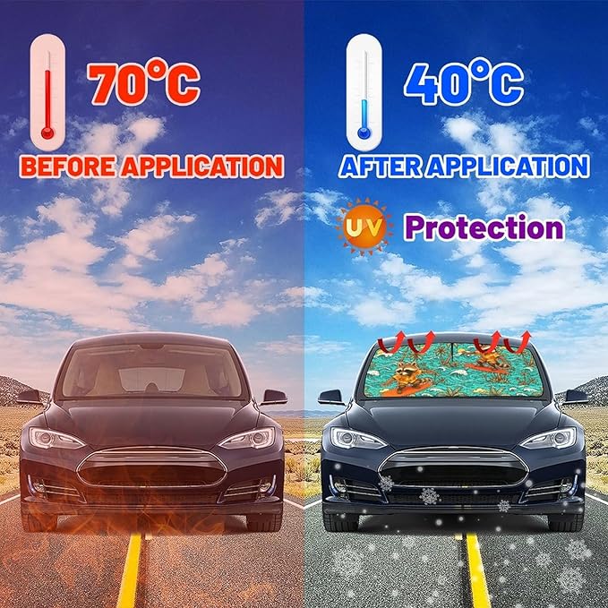 DOPINDU Hawaiian Raccoon Car Windshield Sun Shade Umbrella Bendable Handle Foldable Funny Sunshade for Car Windshield Block UV Rays Keep Vehicle Cool for Most Sedans SUV Trucks Cars 57"x30"