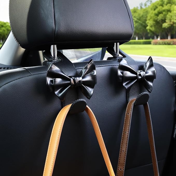 TISOHUGO Car Purse Hook, Cute Bow Hooks for Headrest - Leather U-Shaped Purse Holder for Car, Flexible Seat Back Organizer & Durable Vehicle Accessories for Bags, Coats & More (Black-2 Pack)