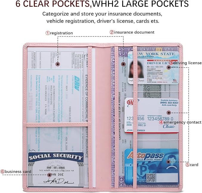 Peisicne Car Registration and Insurance Card Holder for Women Men, Pink Glove Box Paperwork Organizer with Magnetic Buckle for Easy Access and Protect Documents and Various Cards in Vehicle