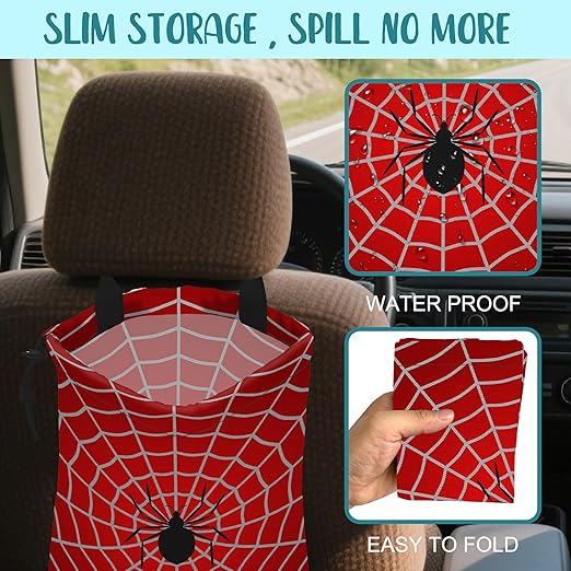 KXWQTRDD Car Garbage Bag Spider on Spider Web Drawstring Car Trash Bag Hanging for Back Seat with Adjustable Buckle Canvas Vehicle Trash Can Easy-to-Install